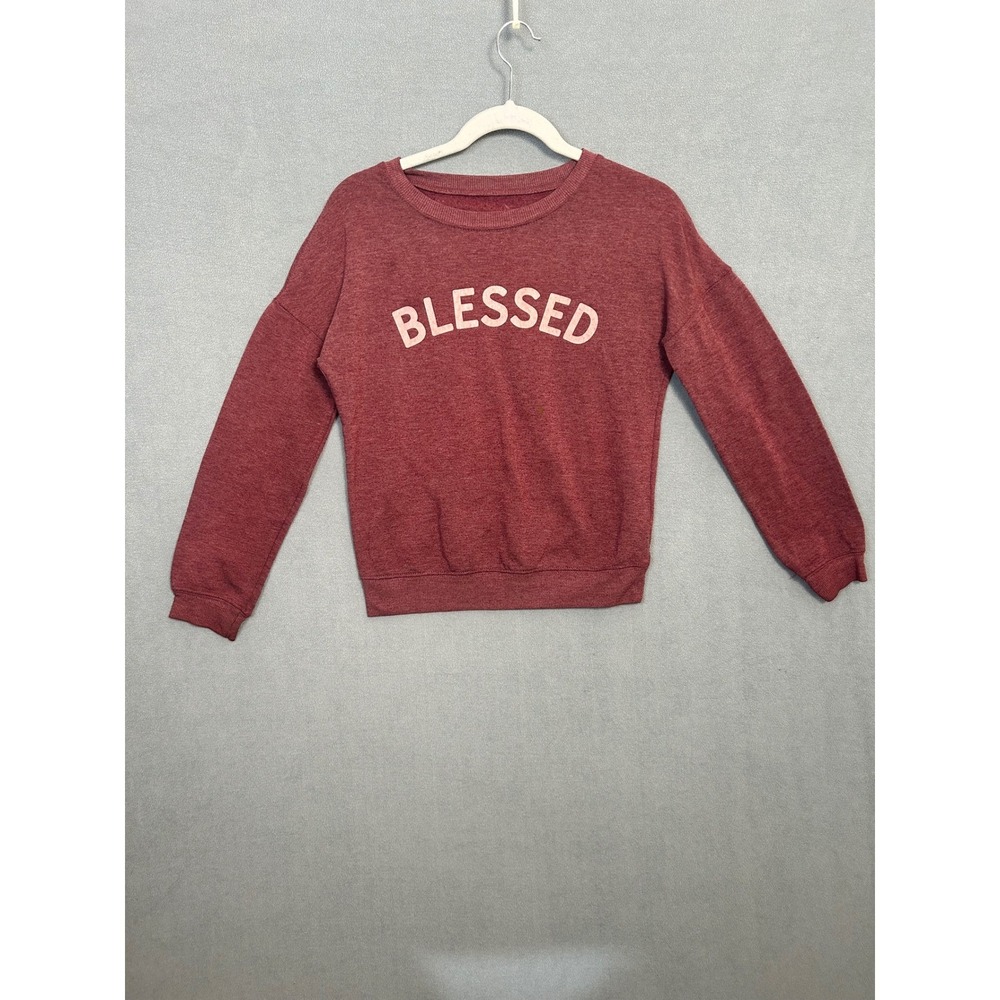 Awake Inc By OS Blessed Graphic Sweatshirt Womens Burgundy Red Crewneck Pullover